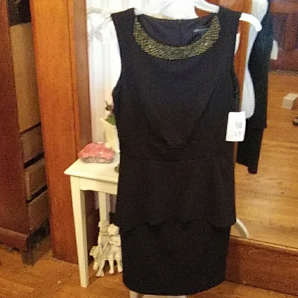 Formal black beaded neckline dress